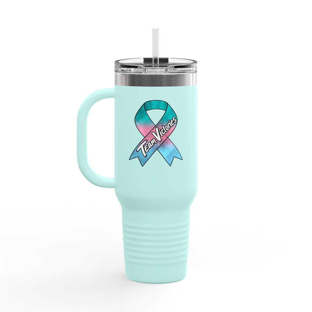 Aqua 40 oz travel mug featuring the Team Victories Thyroid Cancer awareness ribbon design
