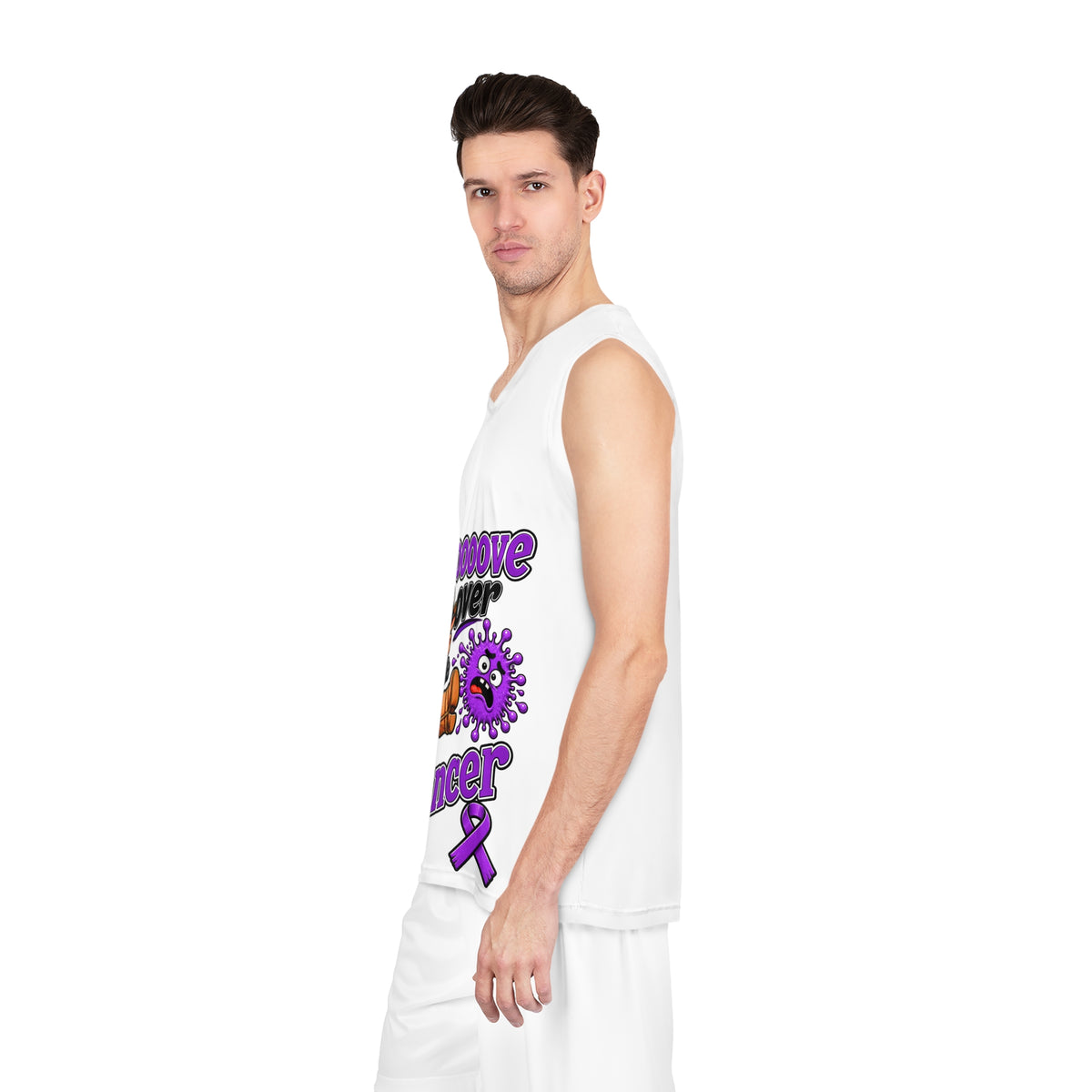 Side view of Moooove Over Cancer basketball jersey showing the sleeveless cut
