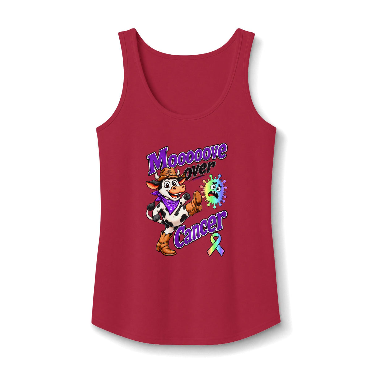 Red Moooove Over Cancer tank top with all-cancer awareness ribbon design
