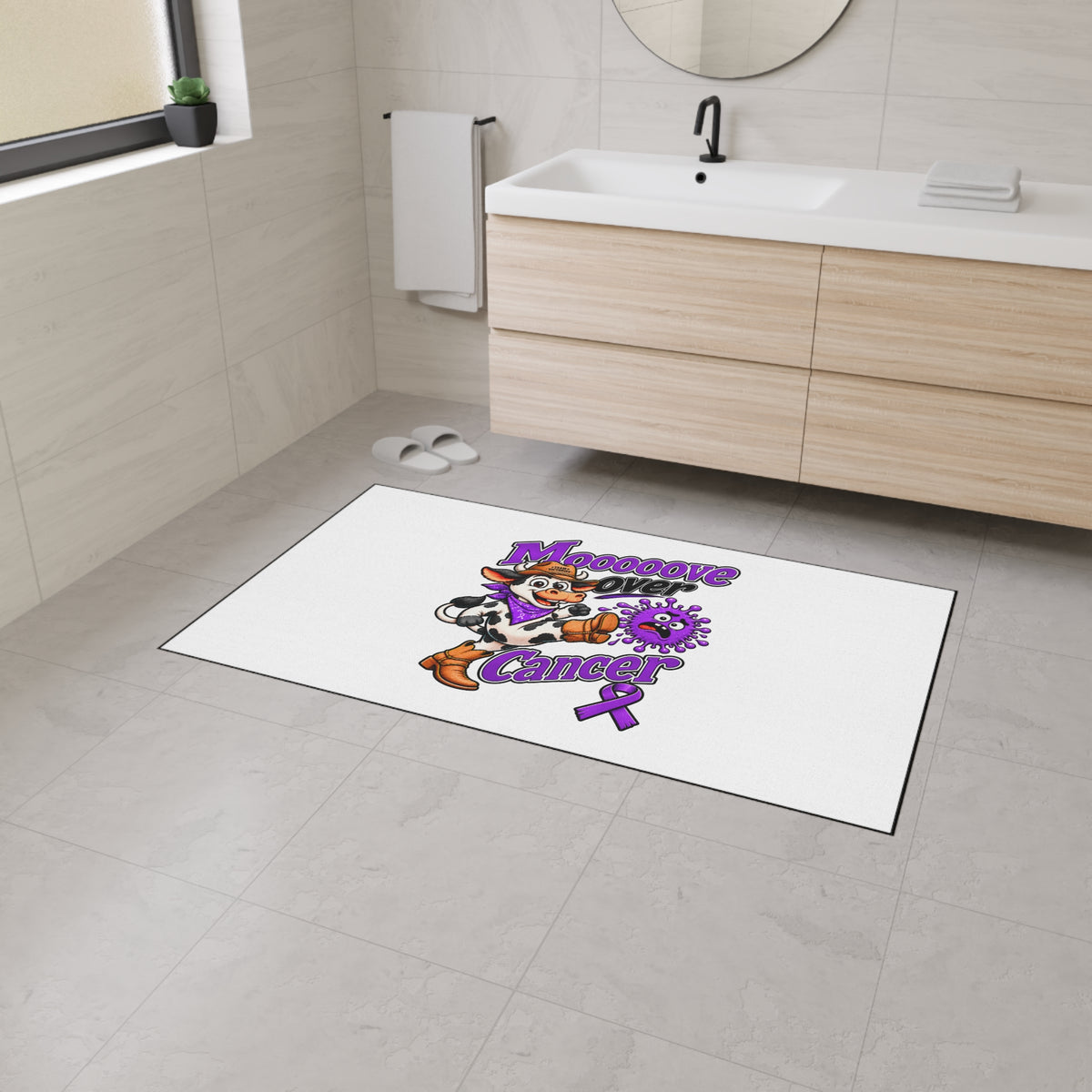 Moooove Over Cancer mat in a bathroom setting with Pancreatic Cancer awareness design