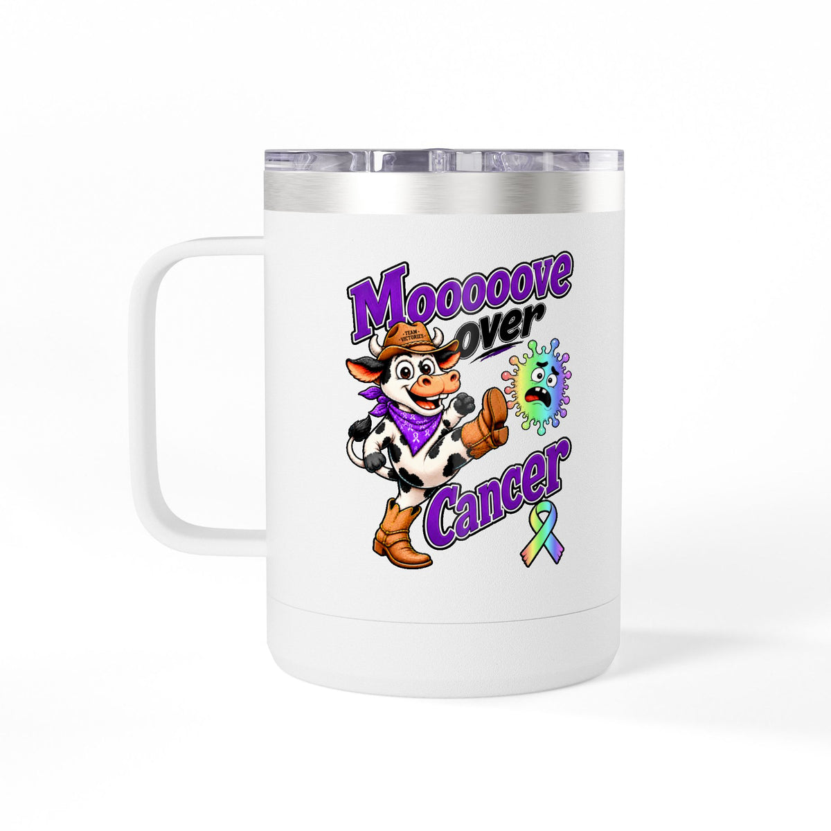 Moooove Over Cancer insulated mug with cow design and all-cancer awareness ribbon