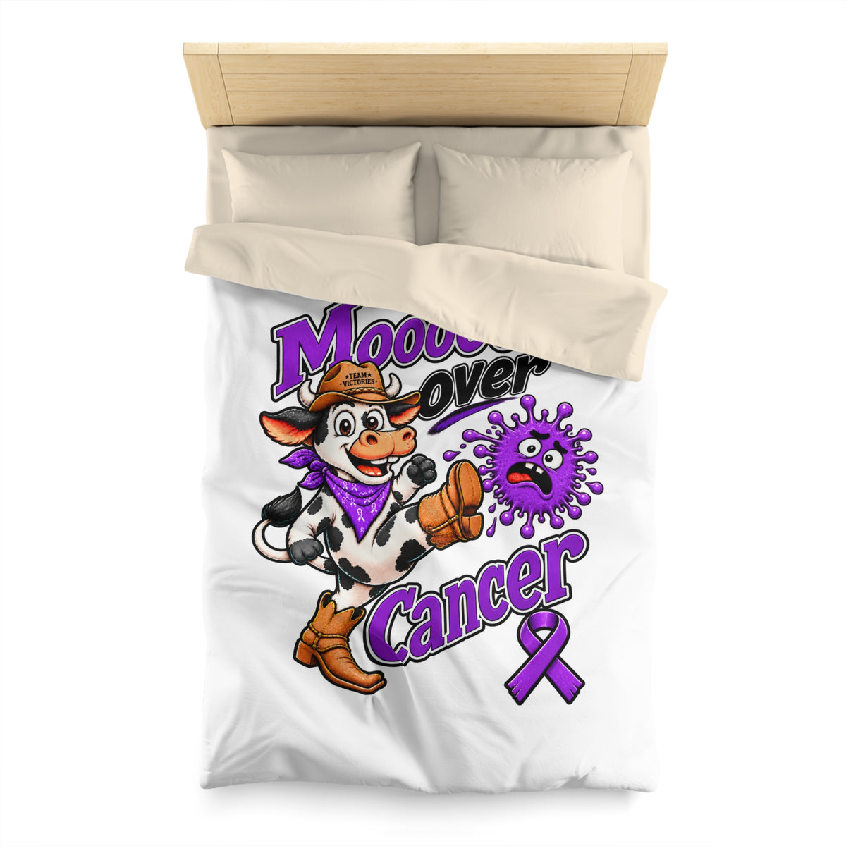Bedroom view featuring Moooove Over Cancer duvet cover and Pancreatic Cancer awareness design