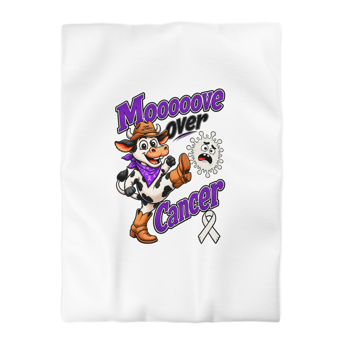 Vertical Moooove Over Cancer duvet cover with colorful cow artwork and Lung Cancer awareness ribbon