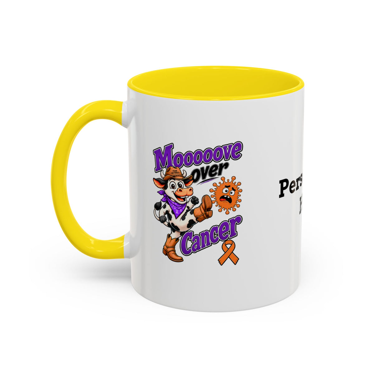 Moooove Over Cancer mug featuring character artwork and a green accent handle