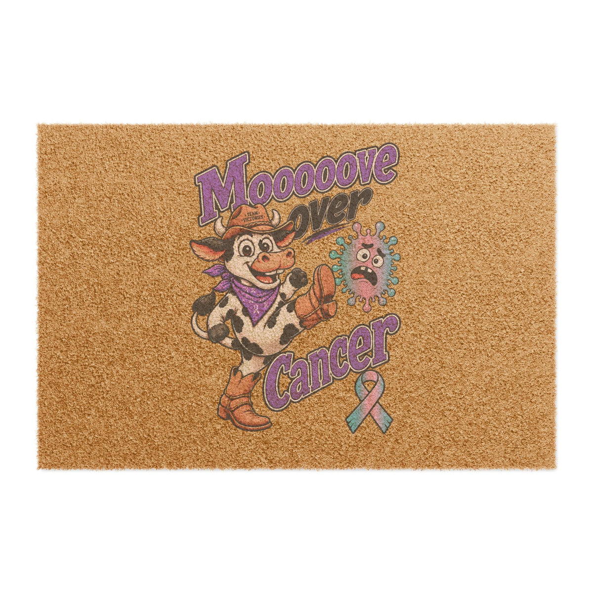 Moooove Over Cancer coir doormat with colorful cow, awareness ribbon, and Western design