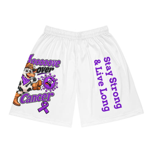 Moooove Over Cancer basketball shorts with purple ribbon and Stay Strong & Live Long artwork