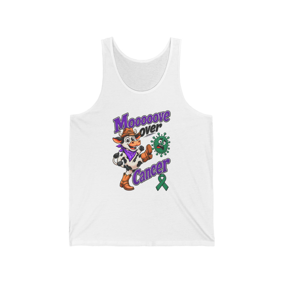 Moooove Over Cancer white tank top with Liver Cancer awareness ribbon artwork