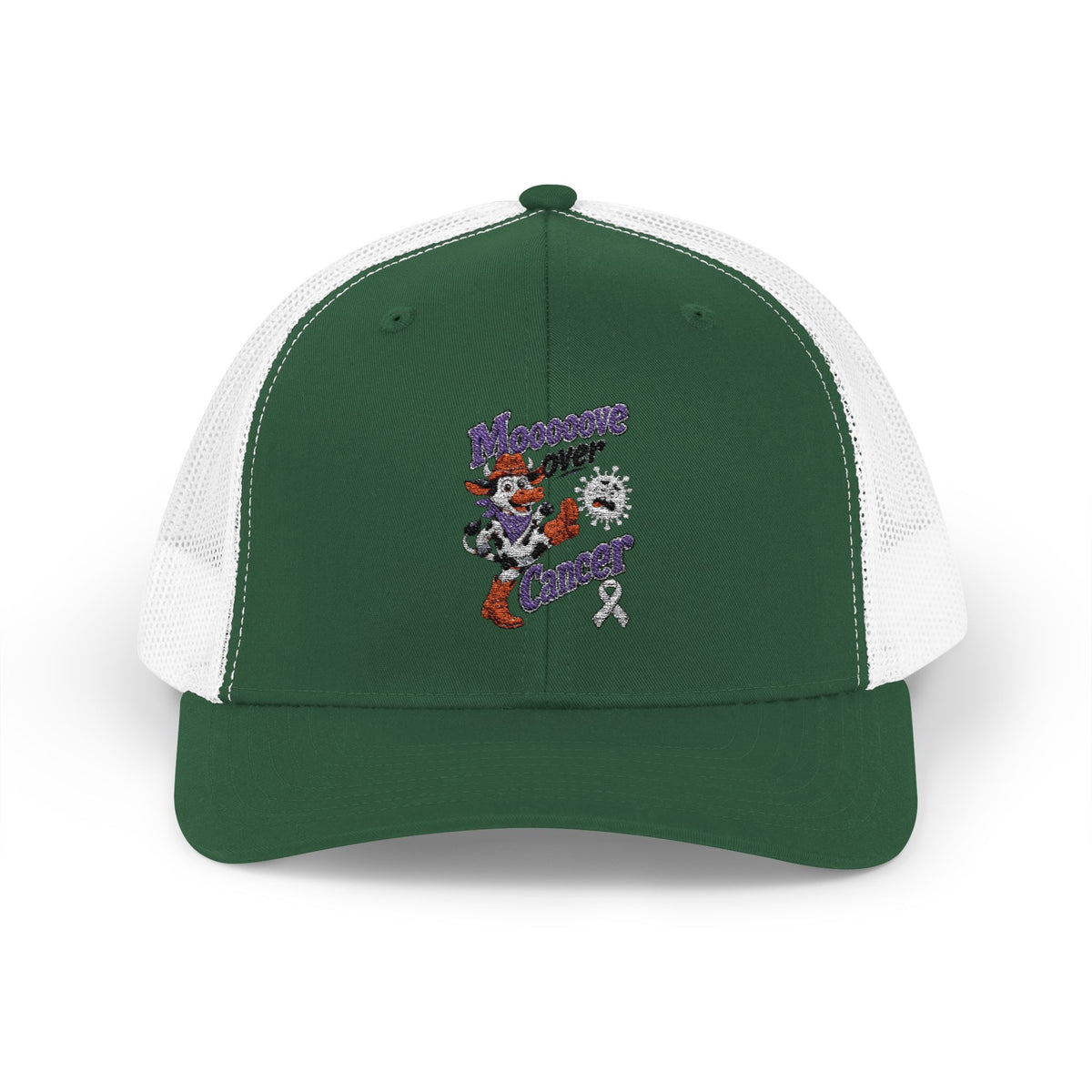 Moooove Over Cancer trucker hat with Lung Cancer awareness ribbon design, front view