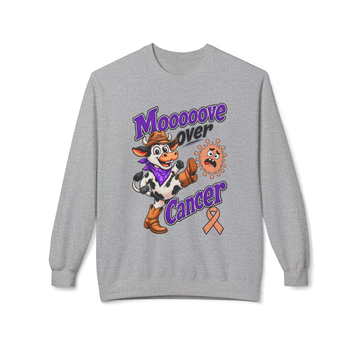 Back view of the Moooove Over Cancer crewneck sweatshirt in white