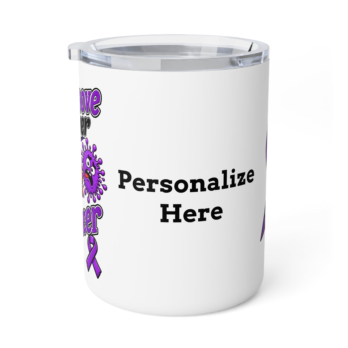 Moooove Over Cancer mug side view with personalization area and clear lid
