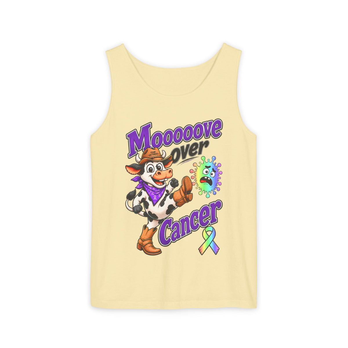 Yellow Moooove Over Cancer tank top with cowgirl design and all-cancer awareness ribbon