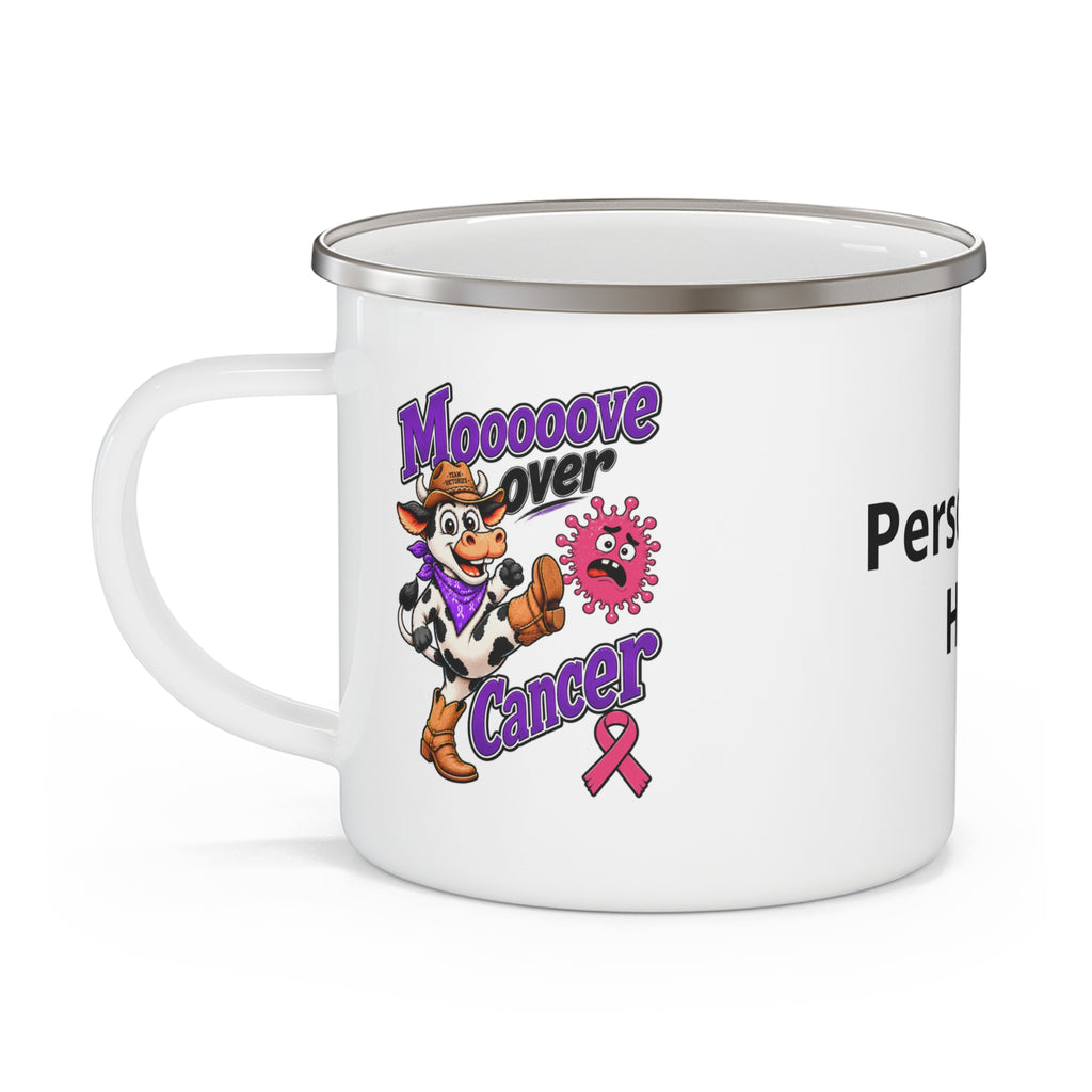 Moooove Over Cancer enamel camping mug with pink Breast Cancer awareness ribbon and cow character artwork