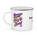 Moooove Over Cancer enamel camping mug with pink Breast Cancer awareness ribbon and cow character artwork