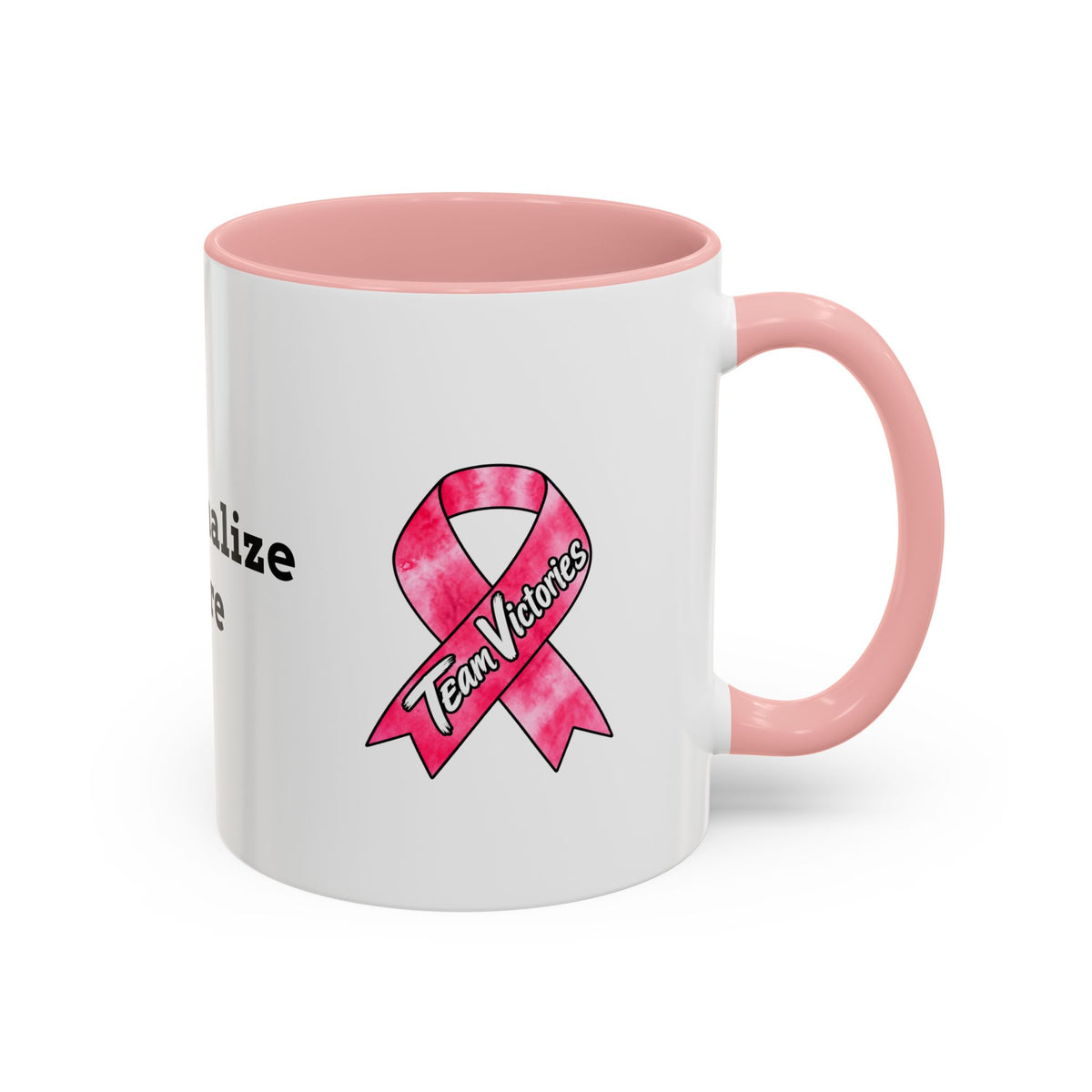 Moooove Over Cancer mug with pink Breast Cancer awareness ribbon on a coffee table