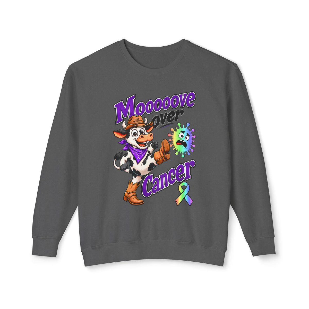 Moooove Over Cancer dark gray crewneck sweatshirt with cow character and all-cancer awareness ribbon