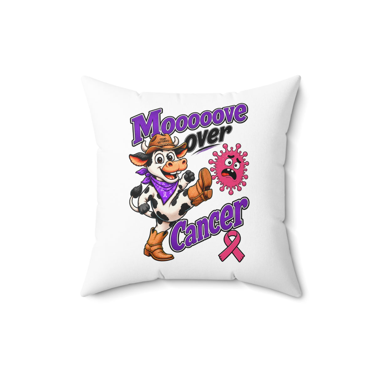 Moooove Over Cancer square pillow featuring a playful cow and Breast Cancer awareness ribbon