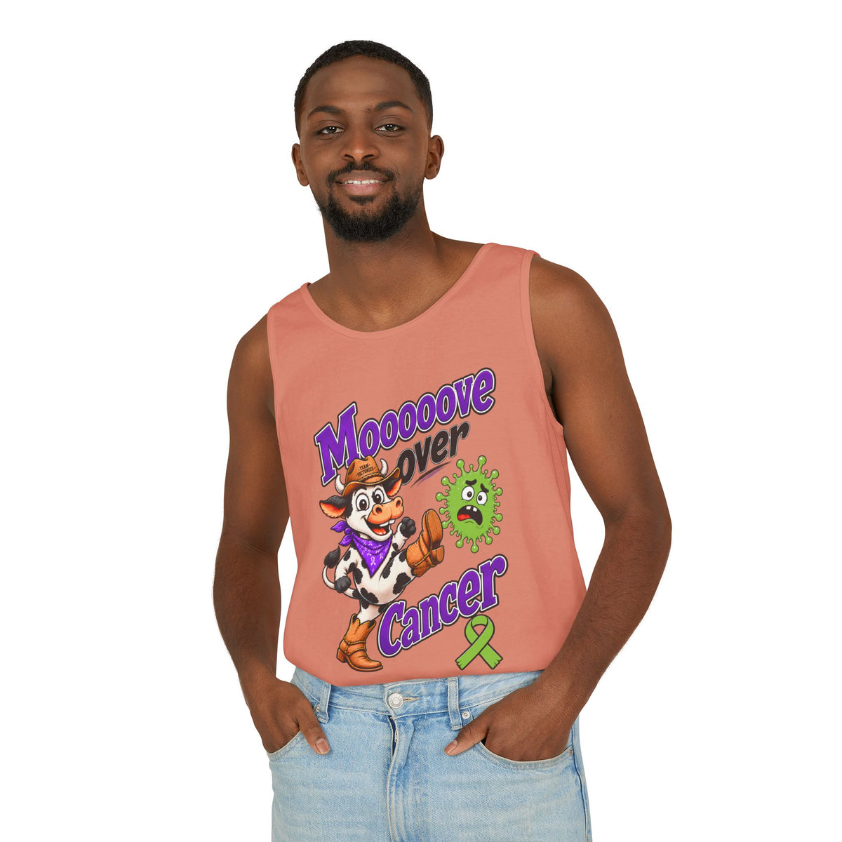 Woman modeling coral Moooove Over Cancer tank top with cow artwork
