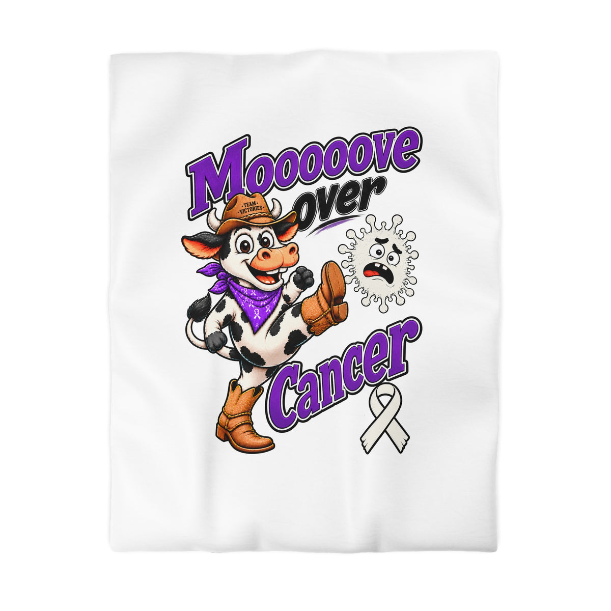 Moooove Over Cancer duvet cover front view with cow design and Lung Cancer awareness ribbon