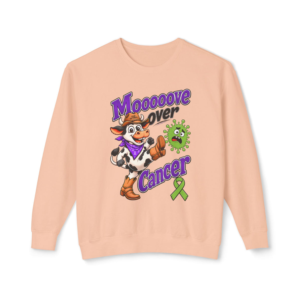 Moooove Over Cancer crewneck sweatshirt in peach with cow artwork and Non-Hodgkin/Lymphoma Cancer awareness ribbon