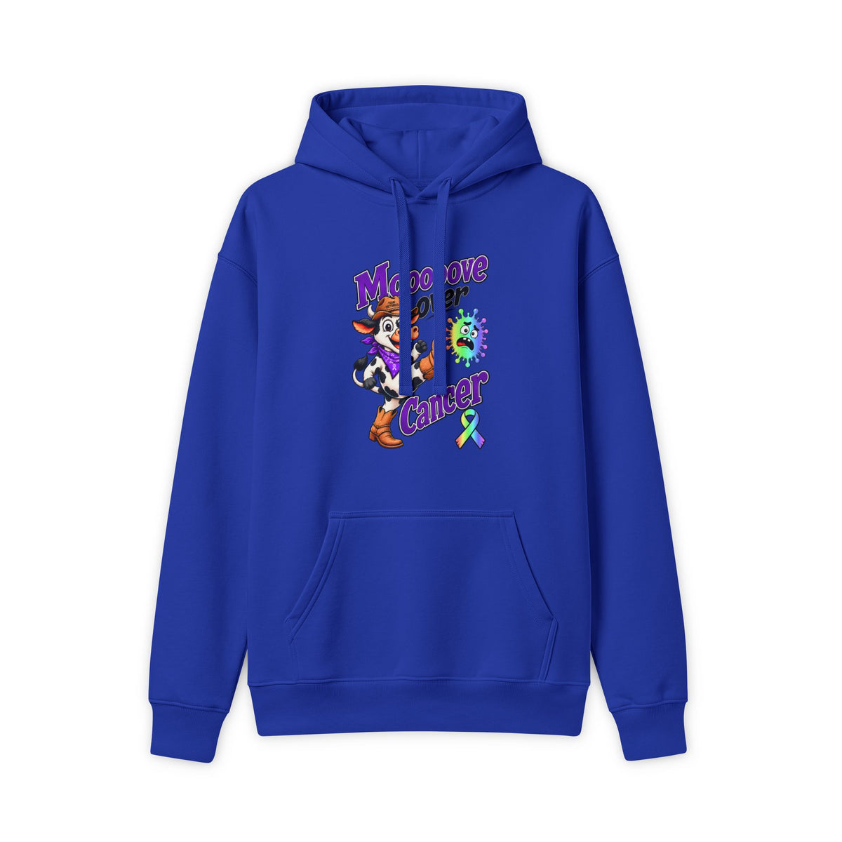 Royal blue Moooove Over Cancer hoodie with colorful all-cancer awareness ribbon chest art