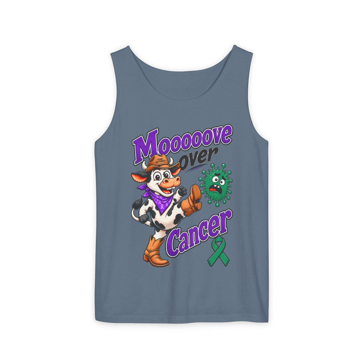 Slate Moooove Over Cancer tank top featuring cowboy cow artwork and Liver Cancer awareness ribbon