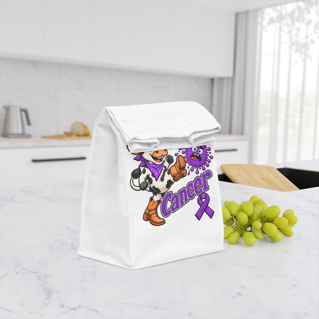 Moooove Over Cancer lunch tote closed with cow artwork and purple ribbon