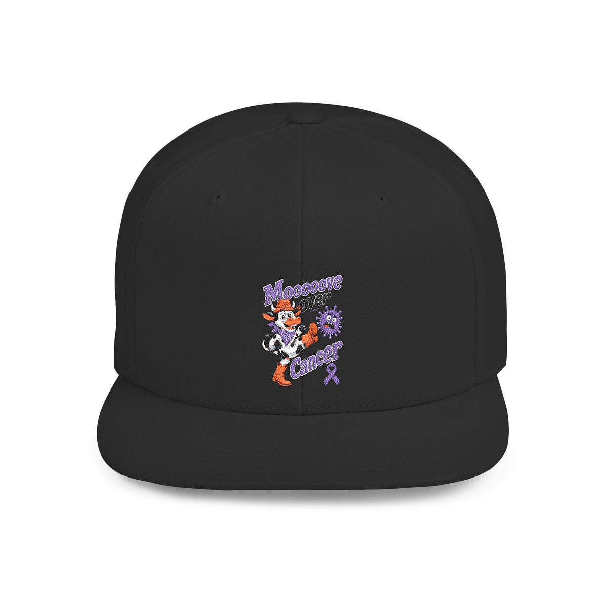 Heather gray and black Moooove Over Cancer snapback hat with embroidered Colon Cancer awareness ribbon