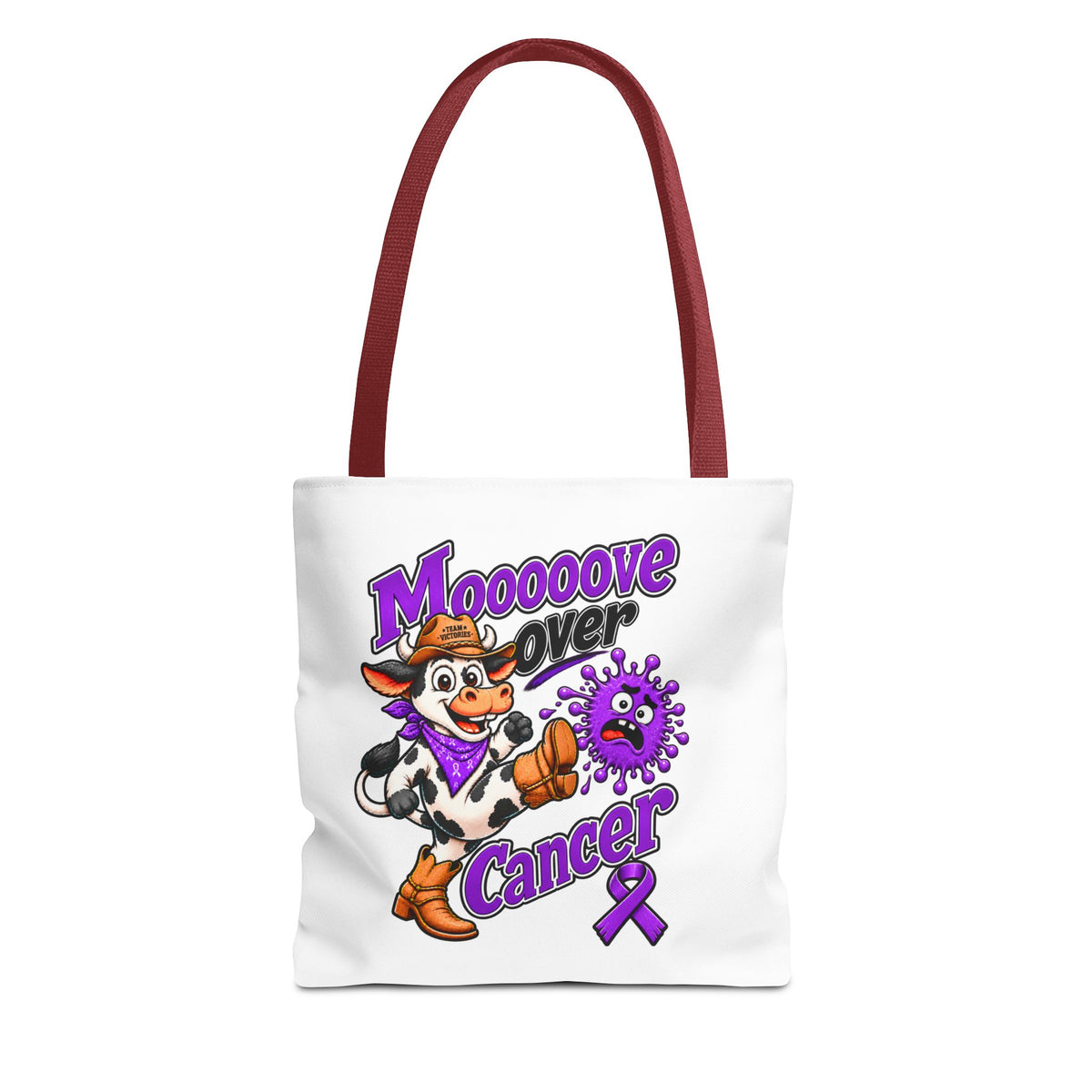 Model wearing the Moooove Over Cancer polyester tote as a shoulder bag