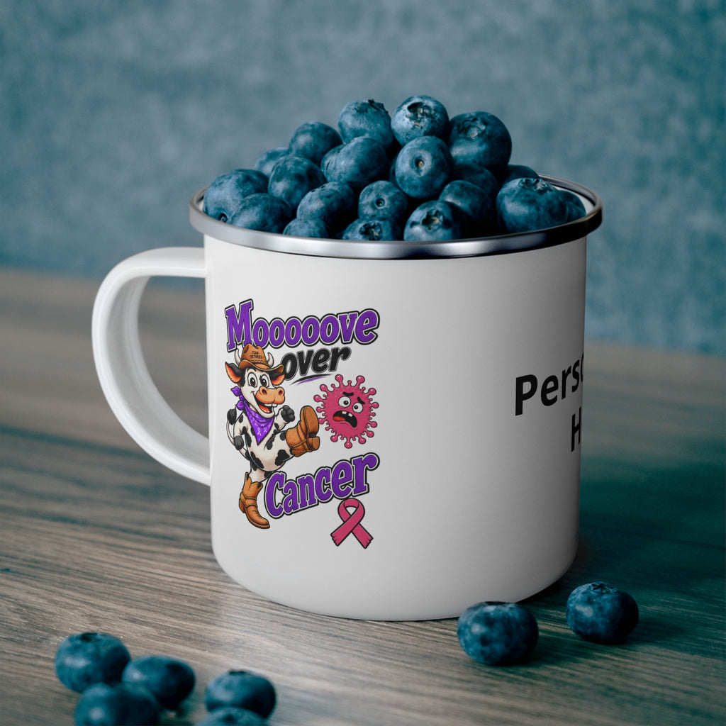 Moooove Over Cancer personalized enamel camping mug filled with blueberries
