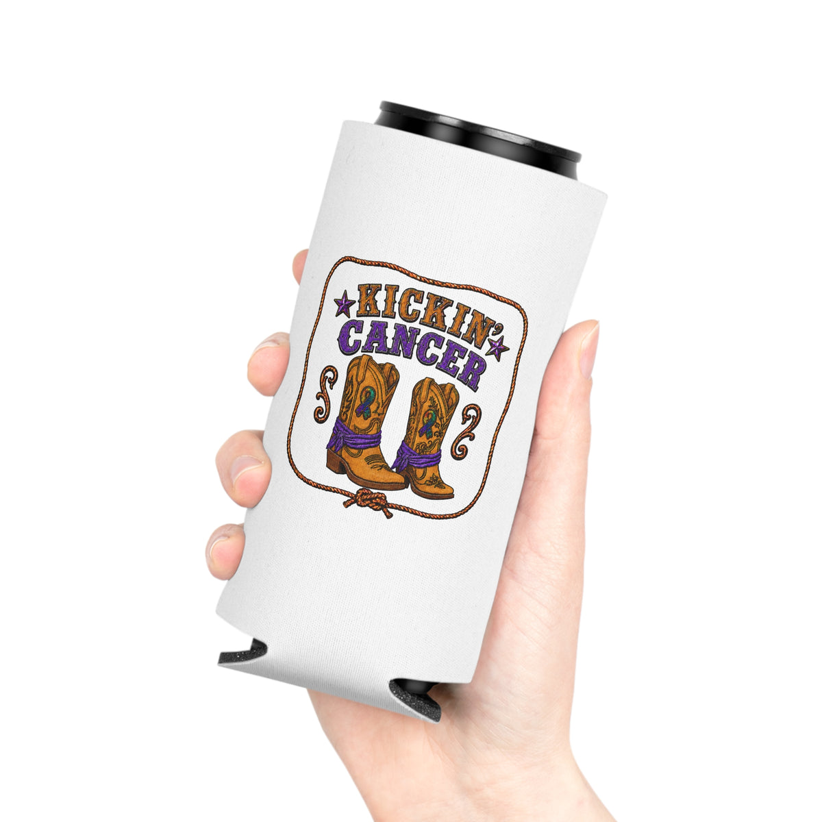 Hand holding a white Slim Can cooler with Kickin' Cancer boot artwork