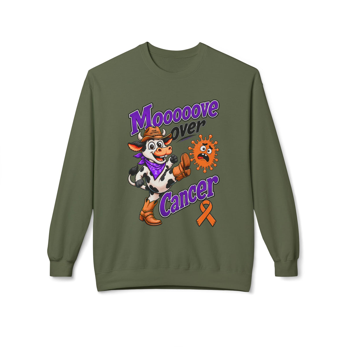 Brown Moooove Over Cancer sweatshirt with Leukemia/Kidney Cancer awareness ribbon graphic