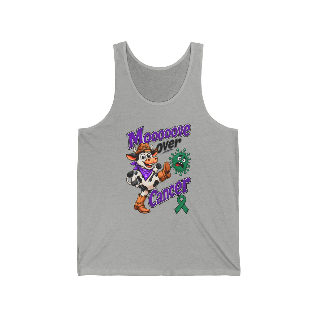 Moooove Over Cancer gray tank top with Liver Cancer awareness ribbon artwork