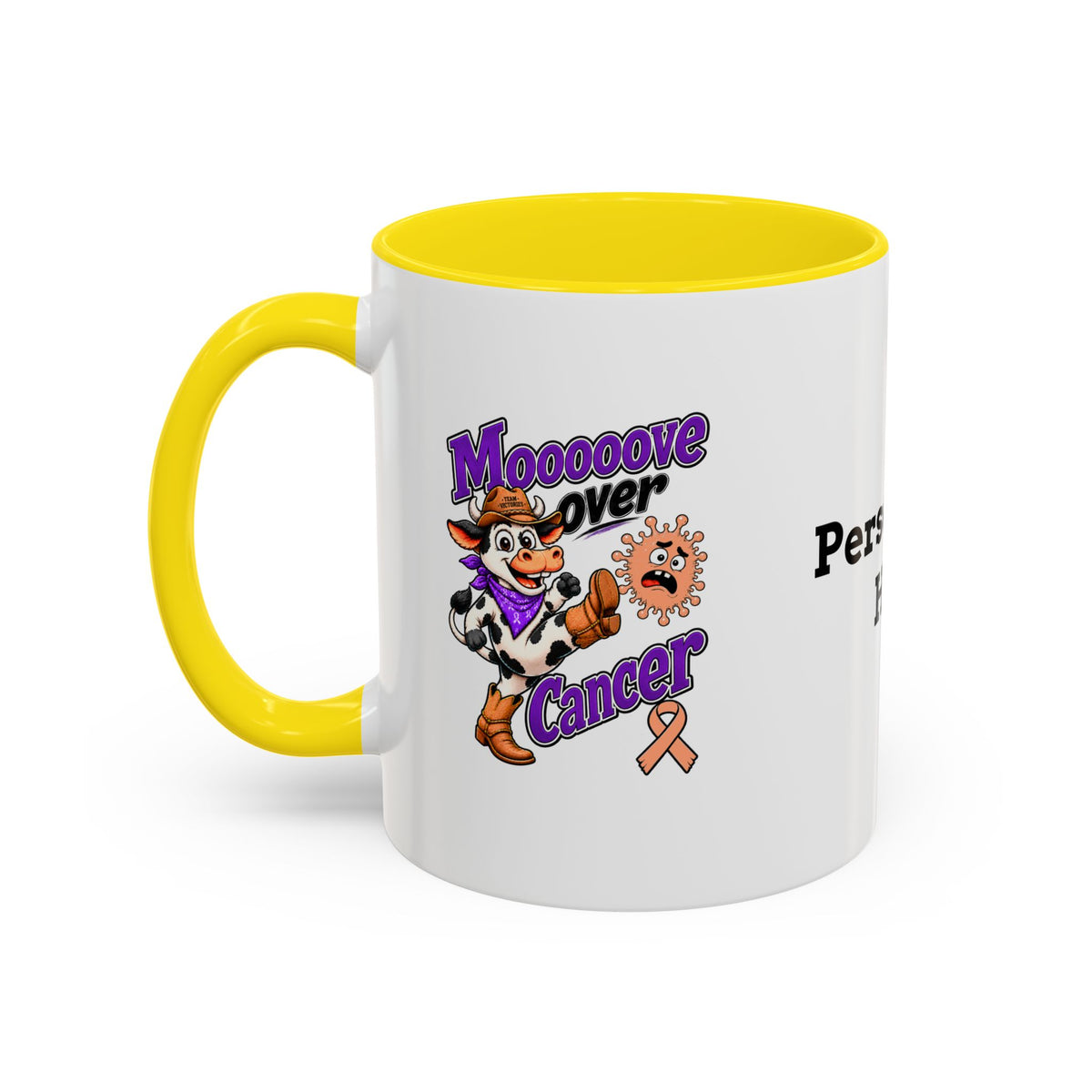 Moooove Over Cancer mug with Team Victories Uterine Cancer awareness ribbon and yellow handle