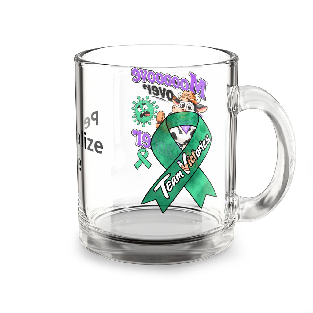 Moooove Over Cancer glass mug featuring Team Victories and a Liver Cancer awareness ribbon
