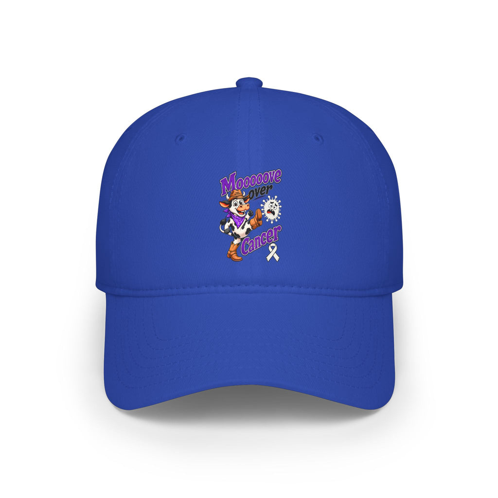 Blue Moooove Over Cancer low-profile baseball hat with colorful front design