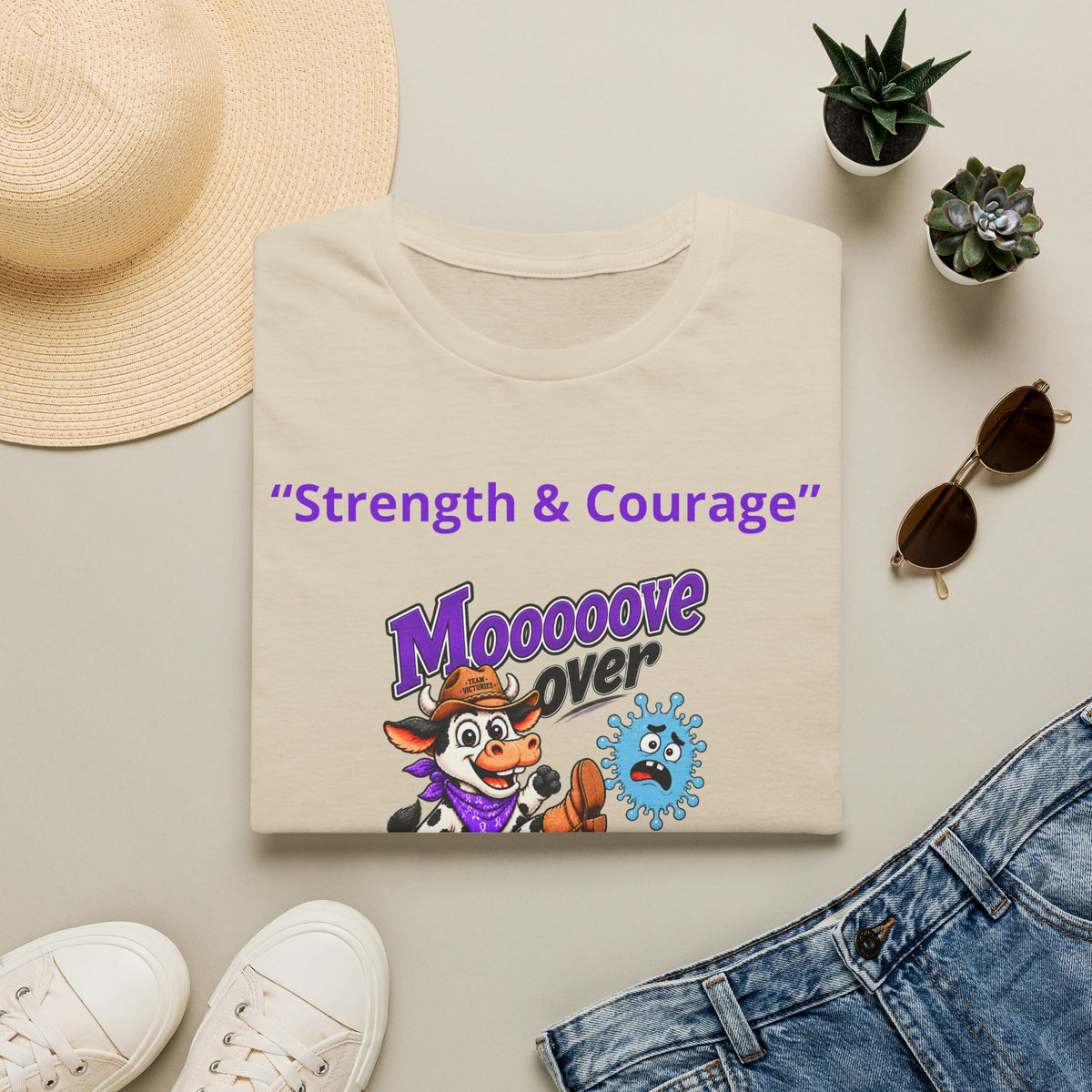 Side view of model wearing beige Moooove Over Cancer T-shirt with awareness artwork
