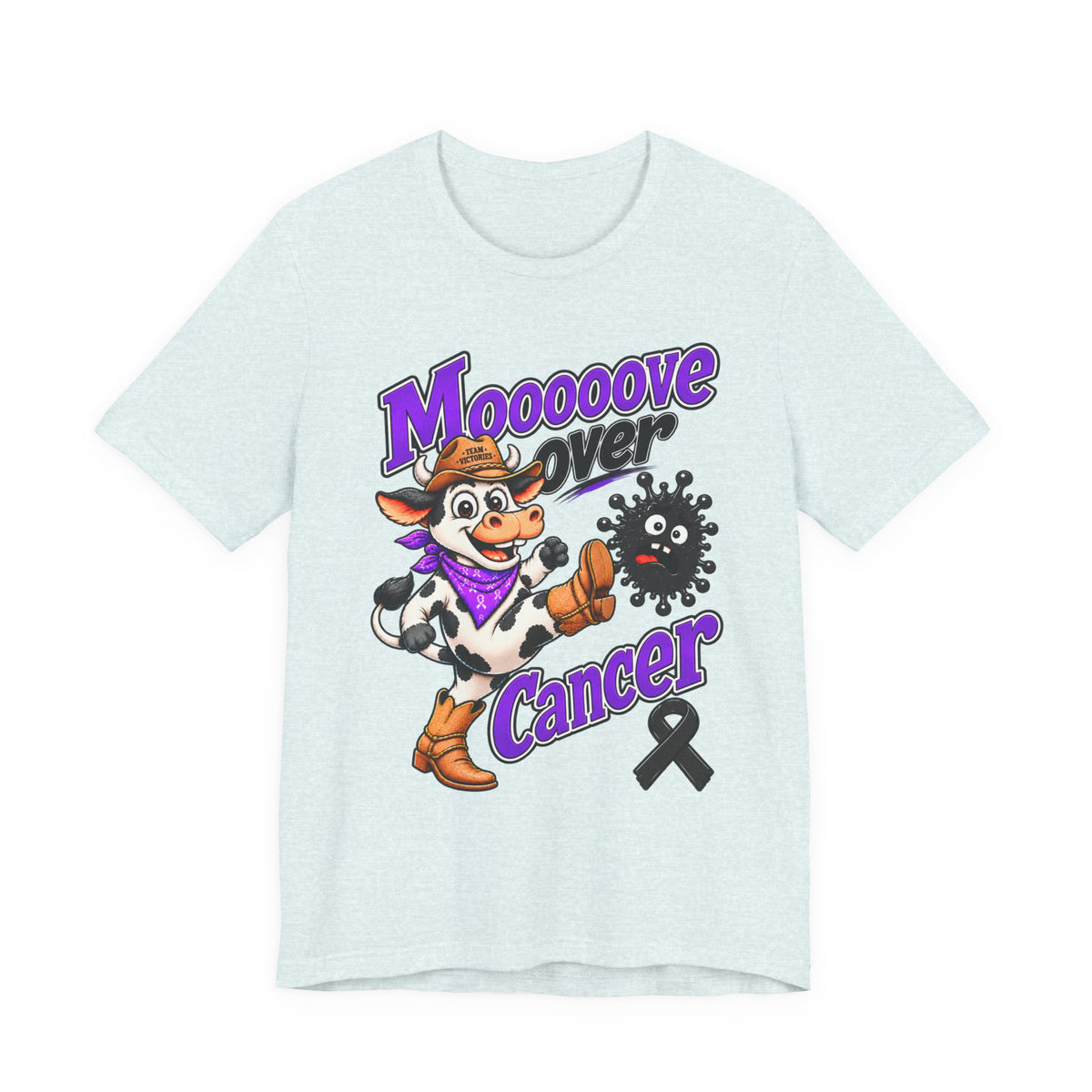 Heather gray Moooove Over Cancer crew-neck shirt with colorful graphic