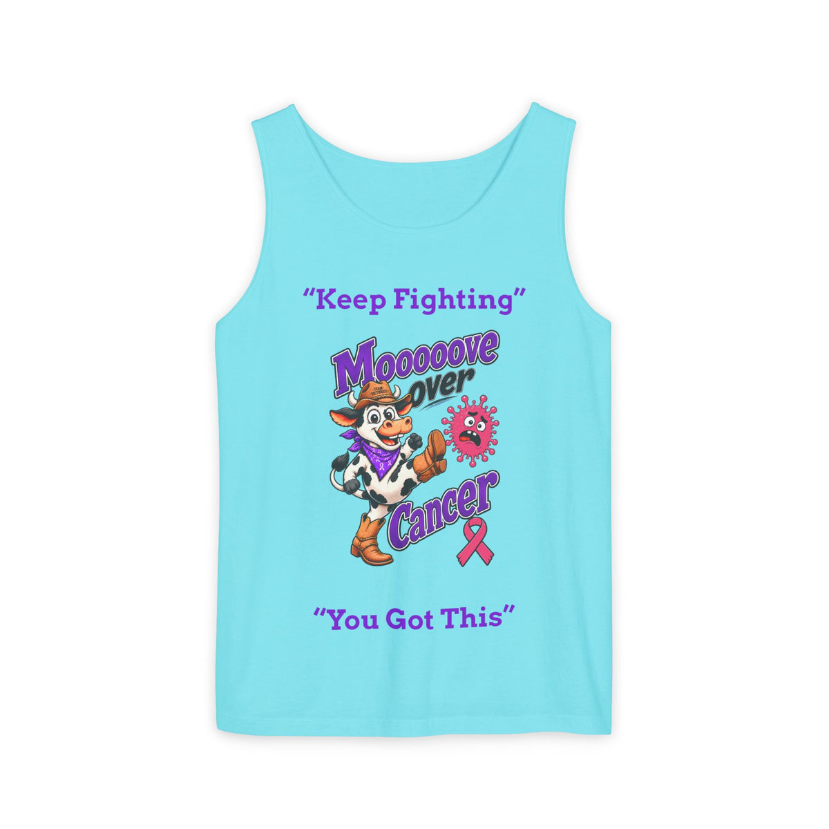 Bright cyan Moooove Over Cancer tank top with cowgirl graphic and awareness ribbon