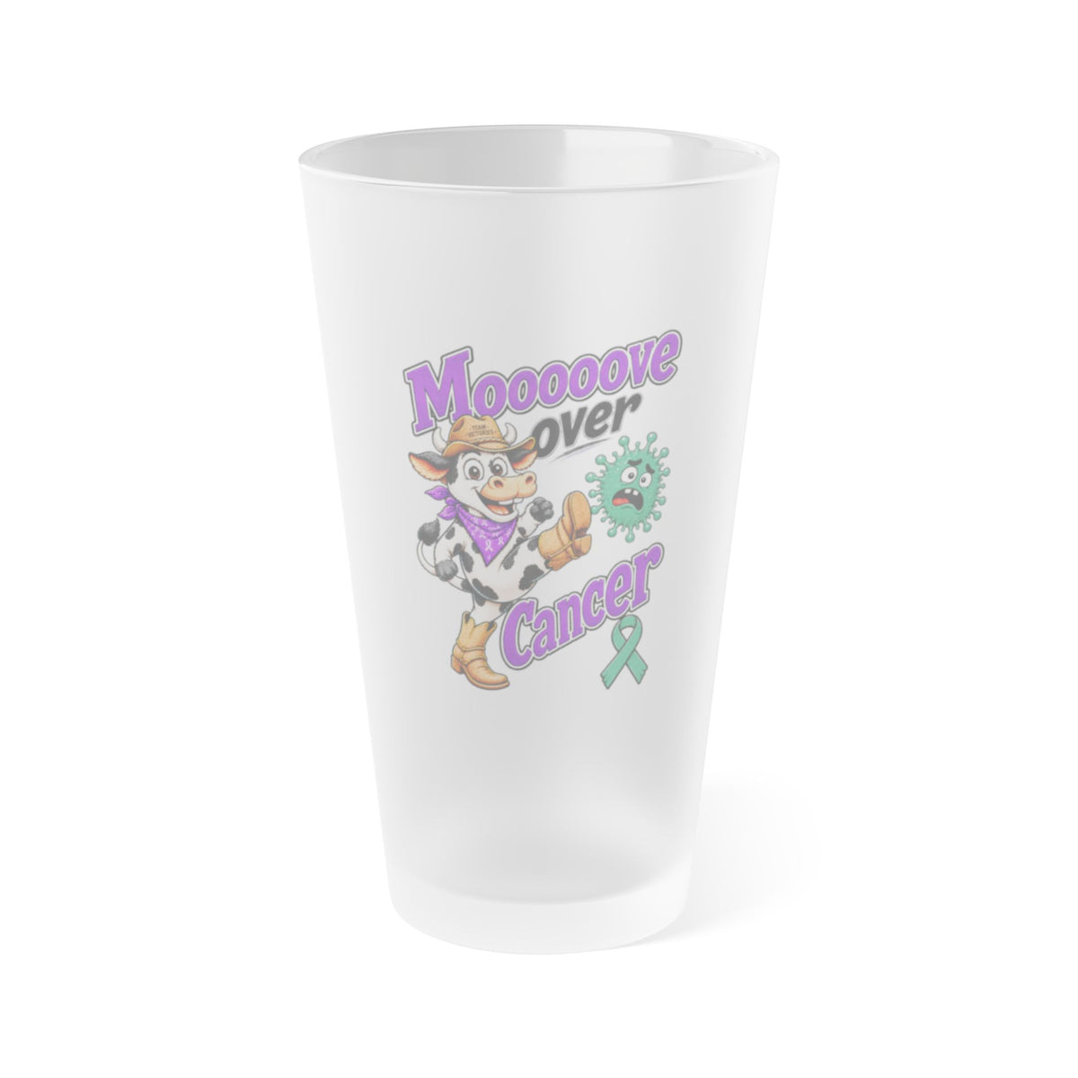Moooove Over Cancer frosted pint glass with cow artwork and green awareness ribbon