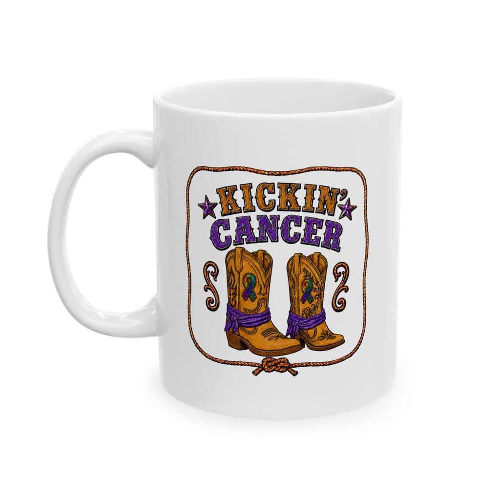 White Kickin’ Cancer mug with colorful western boot artwork