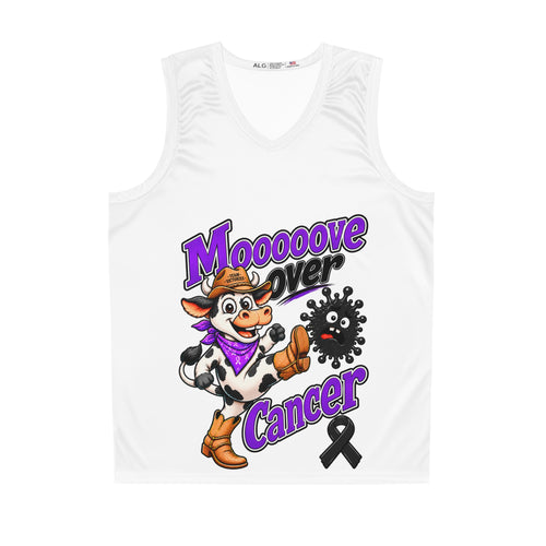 Moooove Over Cancer basketball jersey with colorful cow graphic, purple lettering, and black ribbon