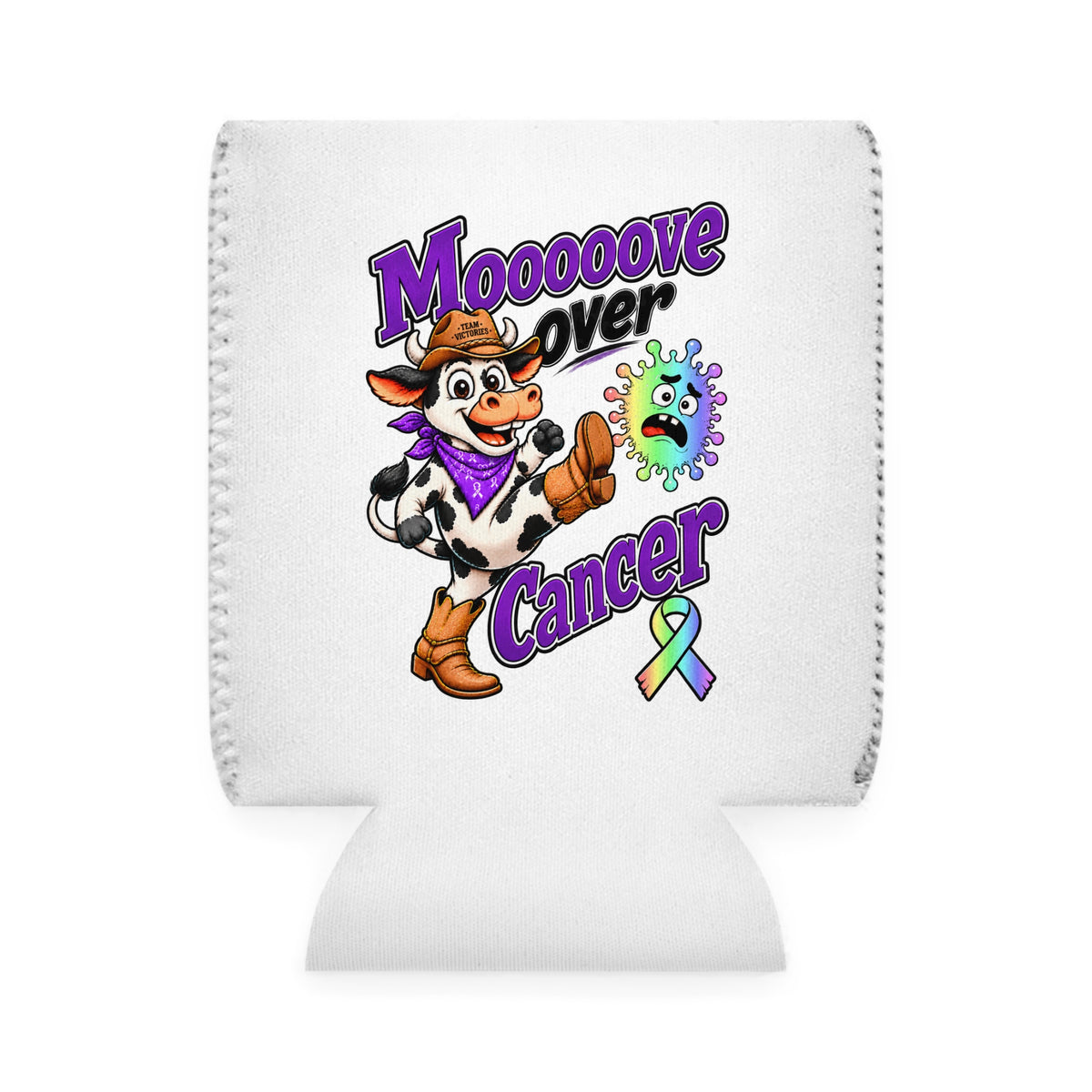 Moooove Over Cancer can cooler sleeve with cowgirl cow design and all-cancer awareness ribbon