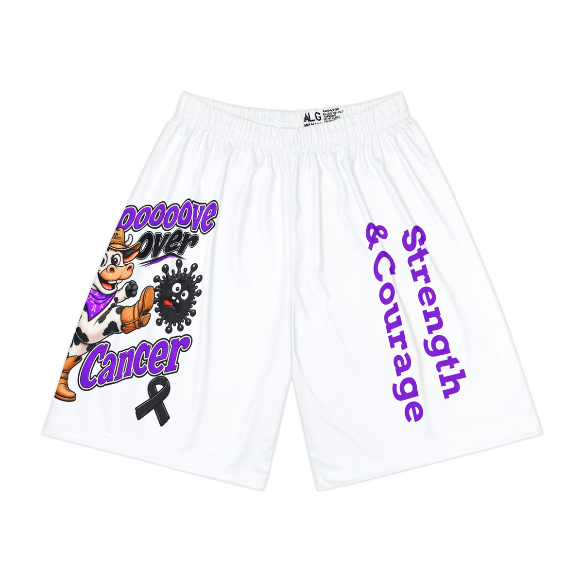 Moooove Over Cancer shorts with cowgirl-cow artwork, Strength & Courage lettering, and black ribbon
