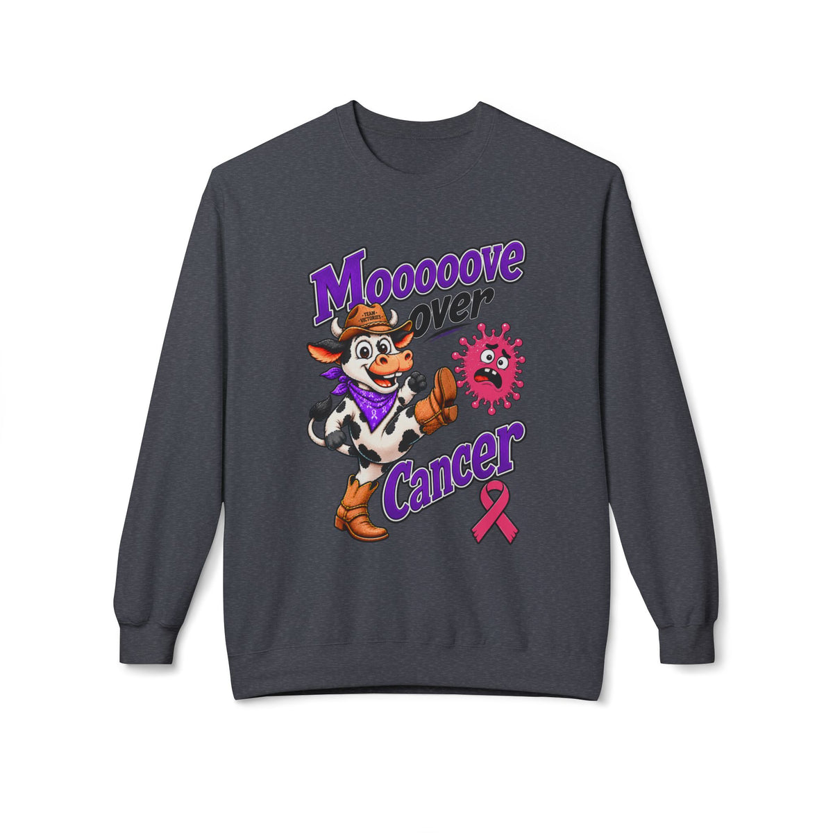 Gray Moooove Over Cancer sweatshirt featuring cow artwork and pink Breast Cancer awareness ribbon