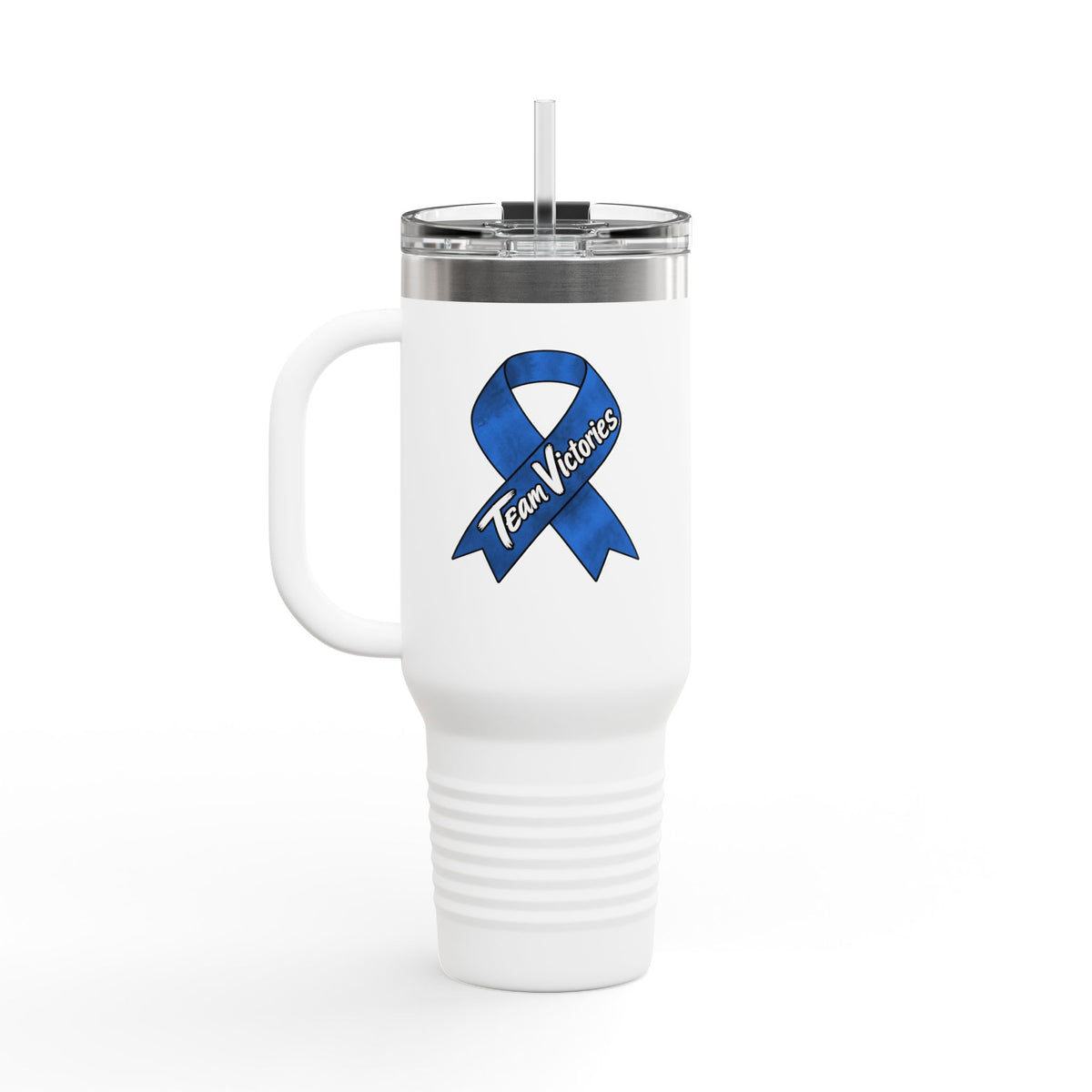 Team Victories 40 oz travel mug featuring a Colon Cancer awareness ribbon