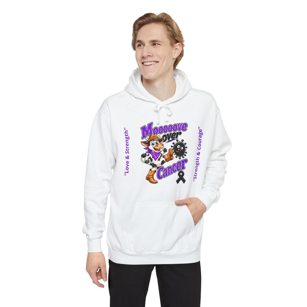 Model wearing a white Moooove Over Cancer personalized awareness hoodie