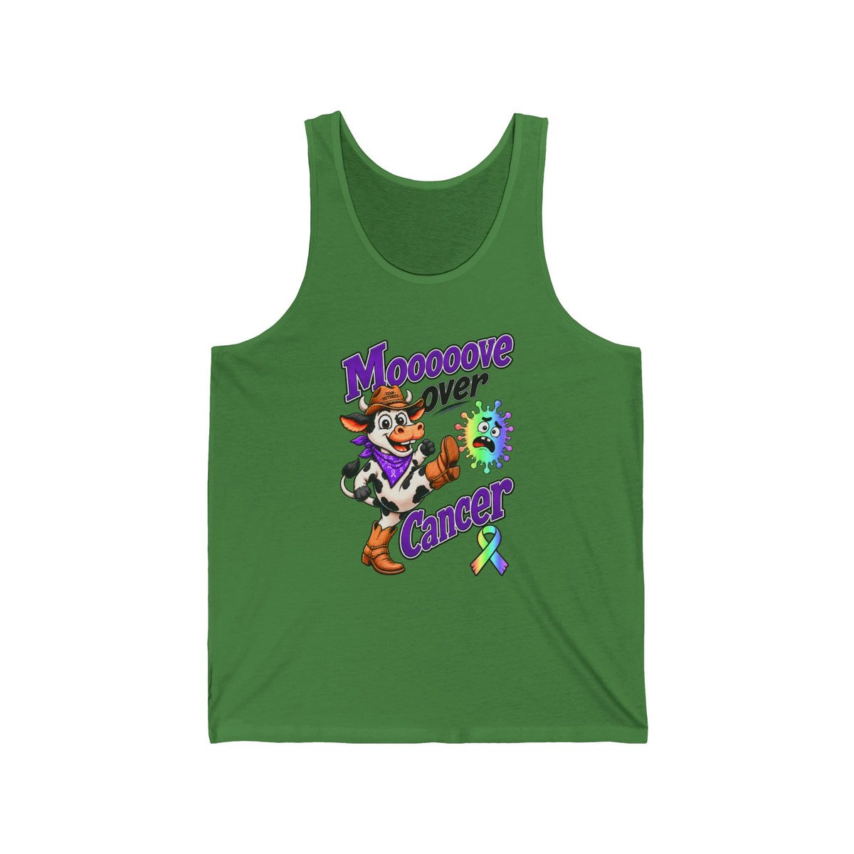 Green Moooove Over Cancer tank top with cow character and all-cancer awareness ribbon
