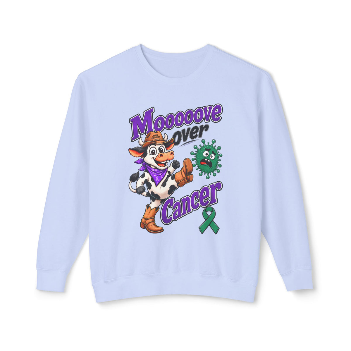 Moooove Over Cancer crewneck with cow graphic and Liver Cancer awareness ribbon in lavender