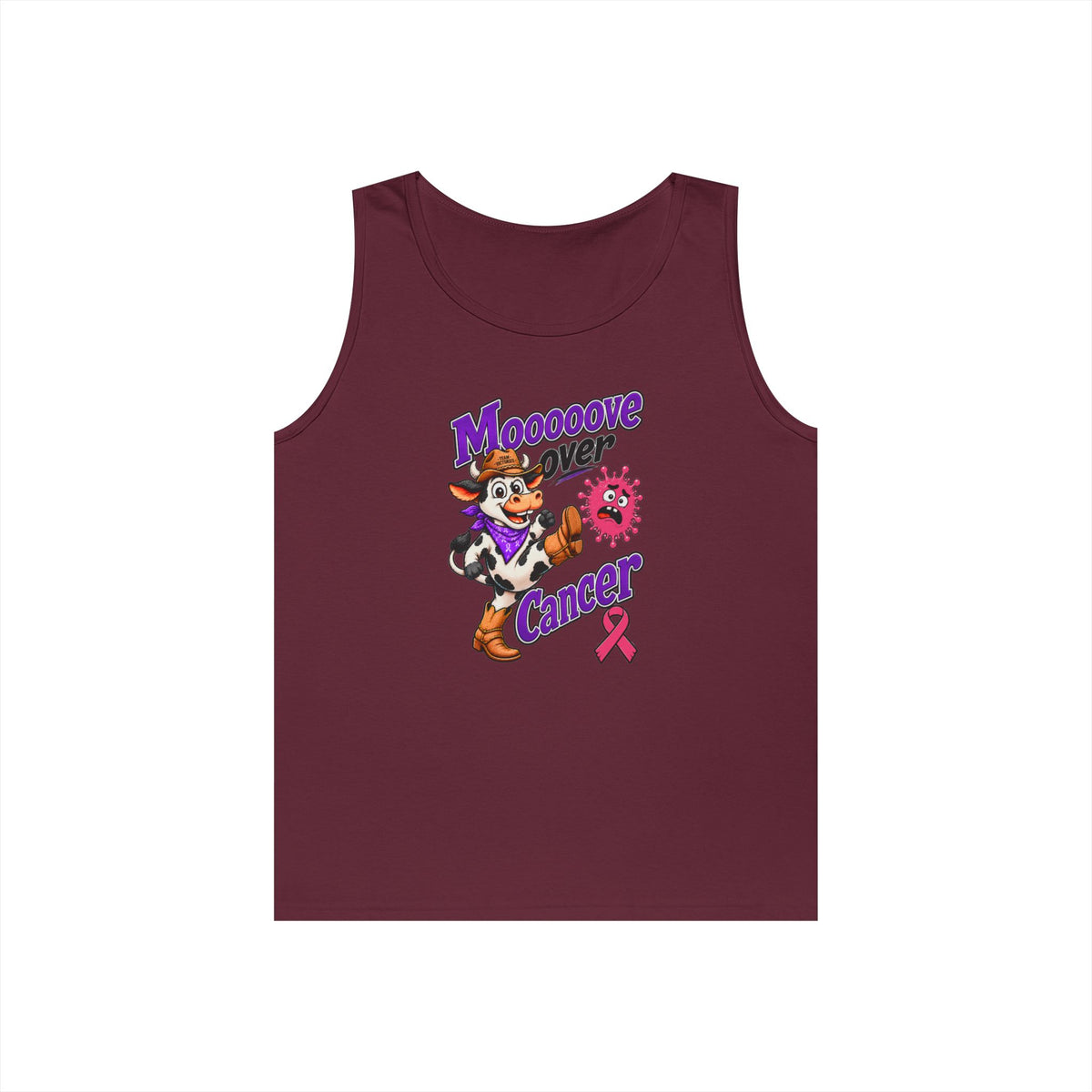 Maroon Moooove Over Cancer tank top with western character and Breast Cancer awareness ribbon