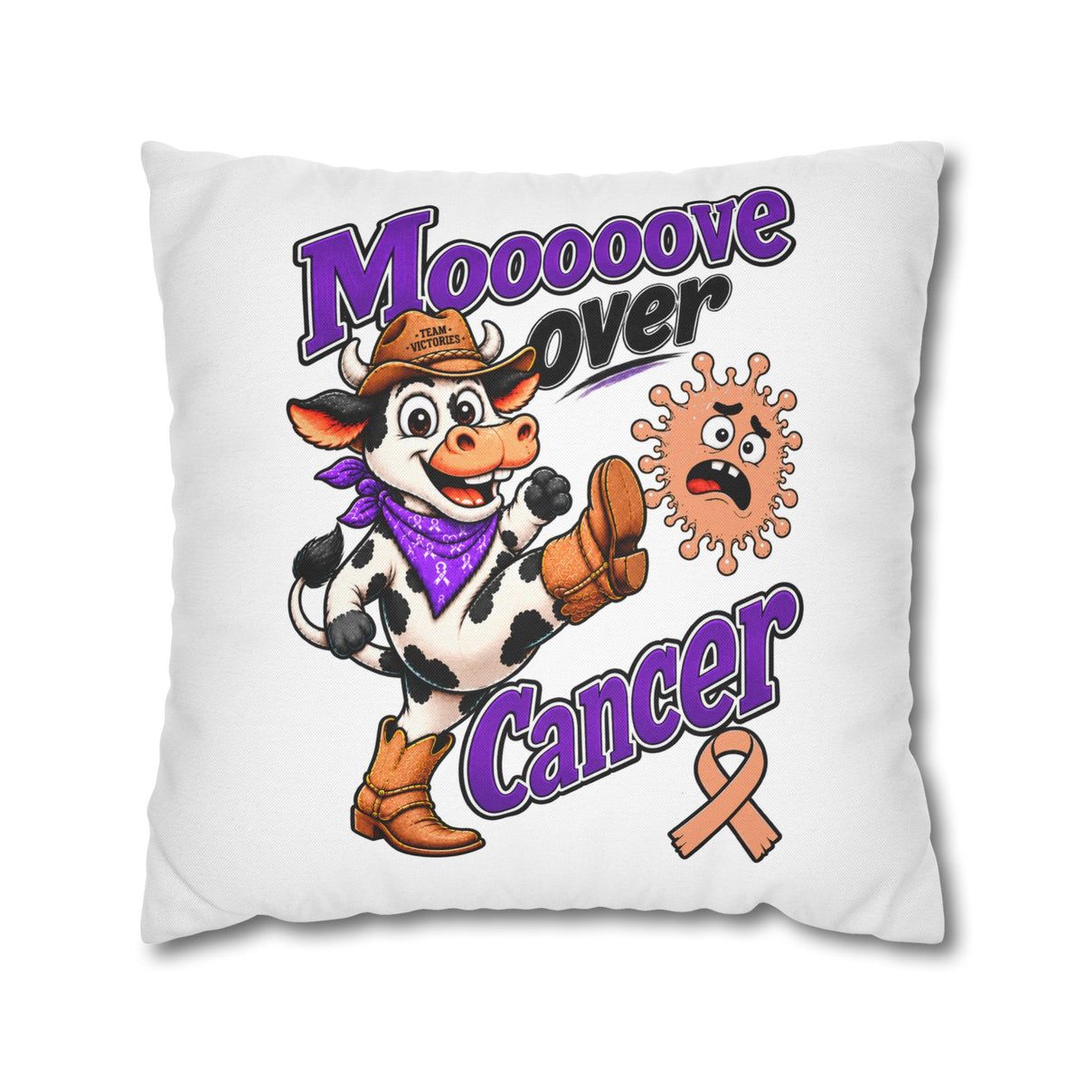 Moooove Over Cancer pillow case close view with cow, cancer message, and Uterine Cancer awareness ribbon